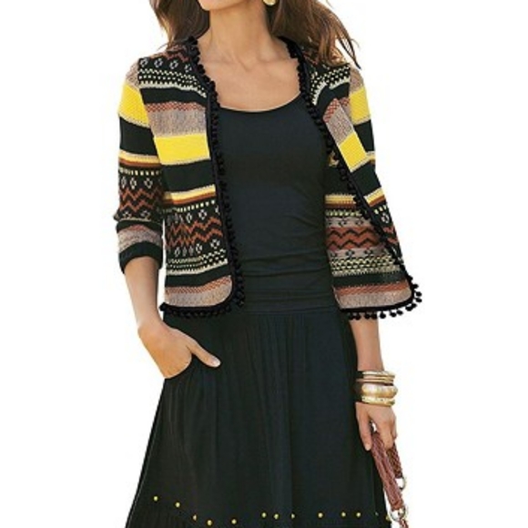 Fringe Detail Striped Cardigan Sweater in Black, Yellow, and Tan Size 10 - Picture 1 of 12